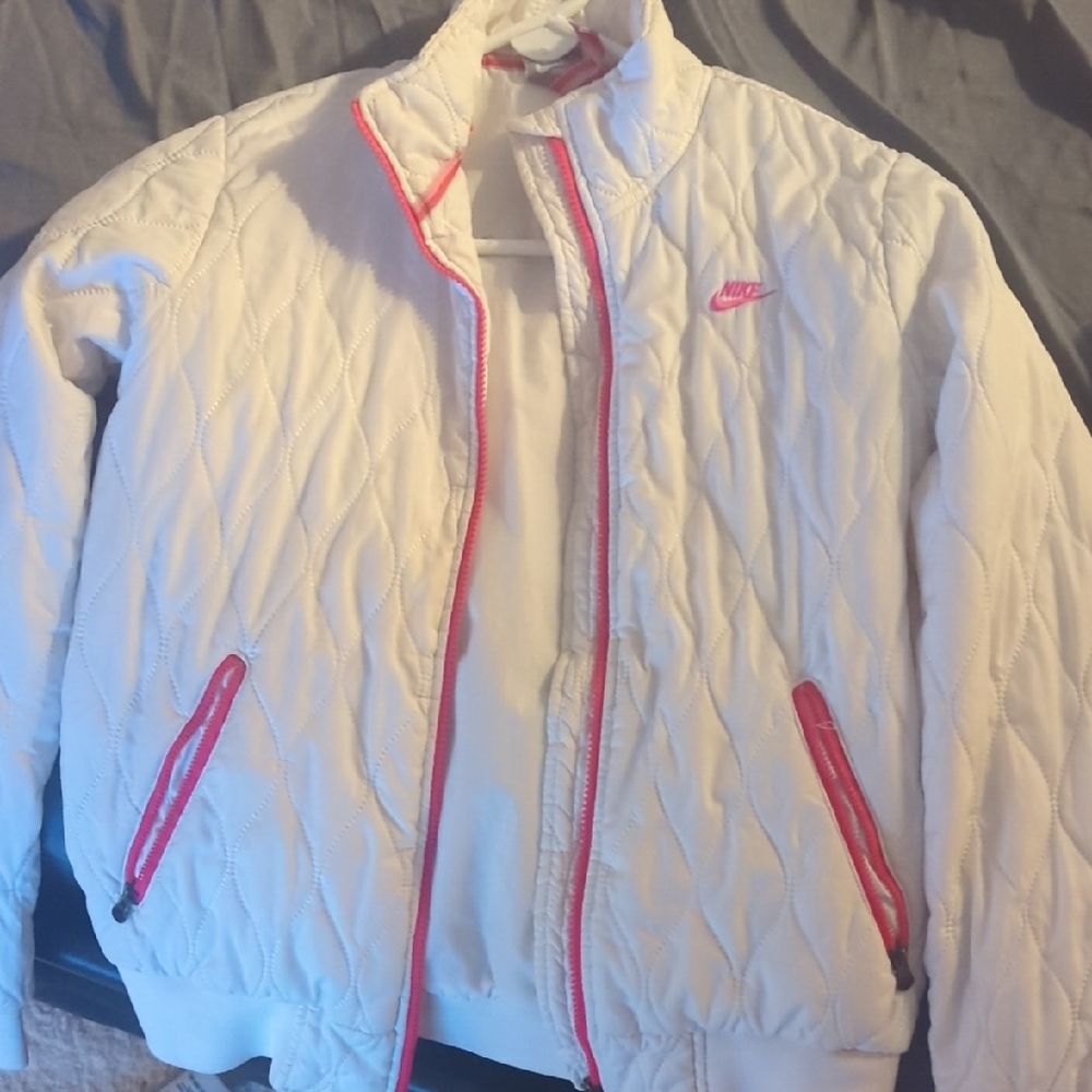 Nike Women's White Bomber Jacket with Pink Accents